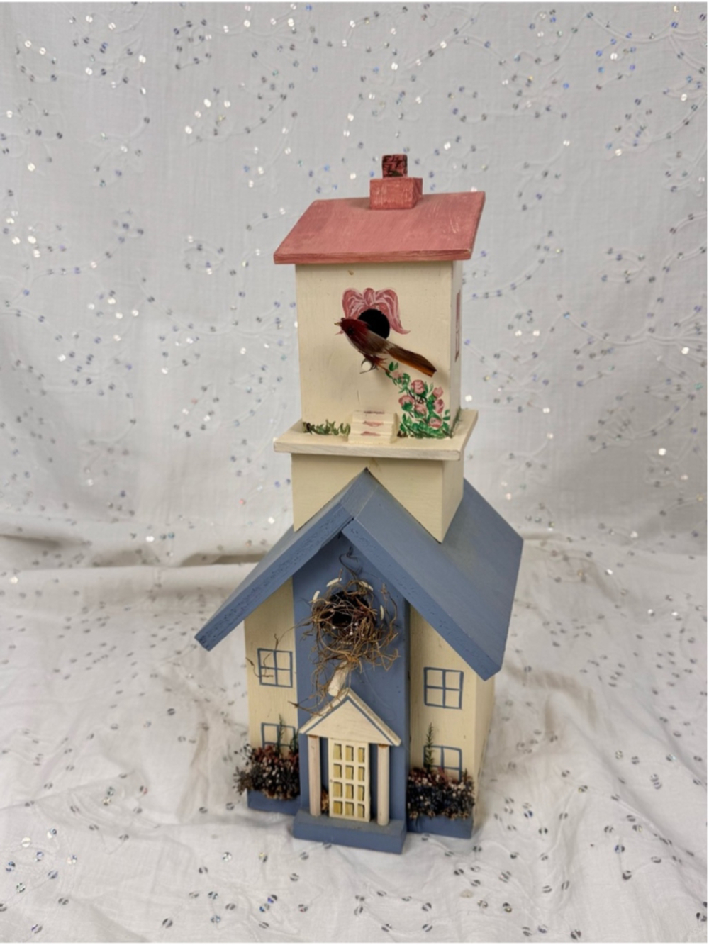 Vintage 1995 Hand Painted Wooden Birdhouse Folk Art Country Cottage Decor